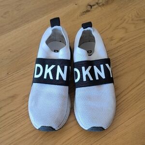 DKNY White and Black Logo Elastic Slip-Ons